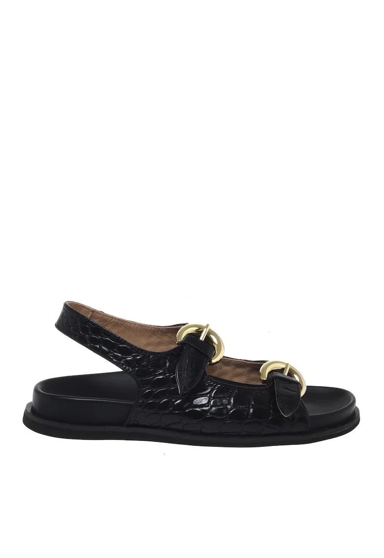 Sandale de piele cu aspect de piele de crocodil cu catarame, Negru