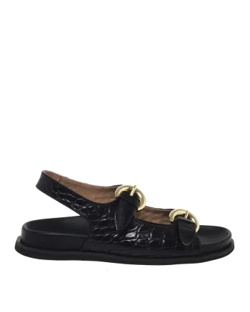 Sandale de piele cu aspect de piele de crocodil cu catarame, Negru