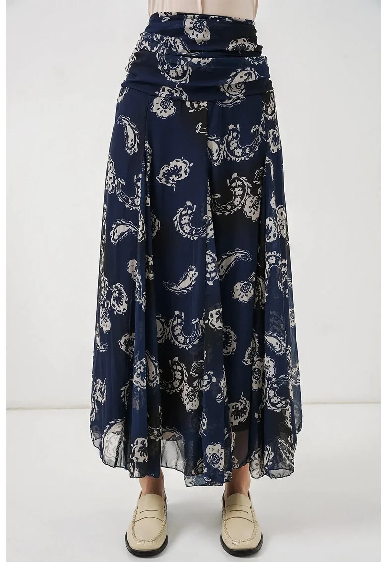 Fusta maxi  talie inalta, imprimeu Paisley, poliester, Bleumarin