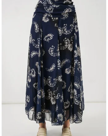 Fusta maxi  talie inalta, imprimeu Paisley, poliester, Bleumarin