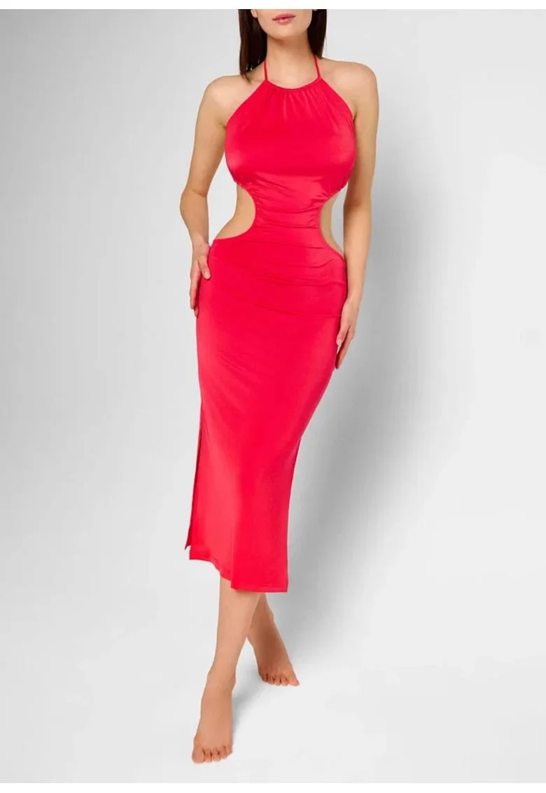 Rochie, de plaja dama Pool Party, cu decupaje senzuale, spate descoperit, slituri laterale, Rosu