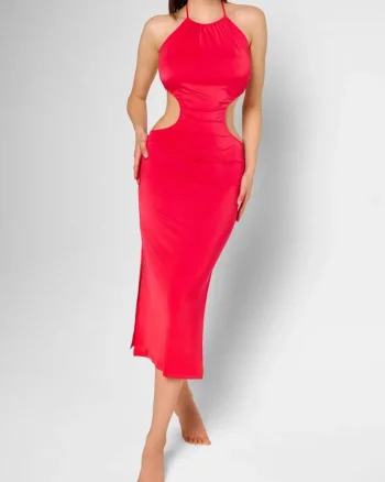 Rochie, de plaja dama Pool Party, cu decupaje senzuale, spate descoperit, slituri laterale, Rosu