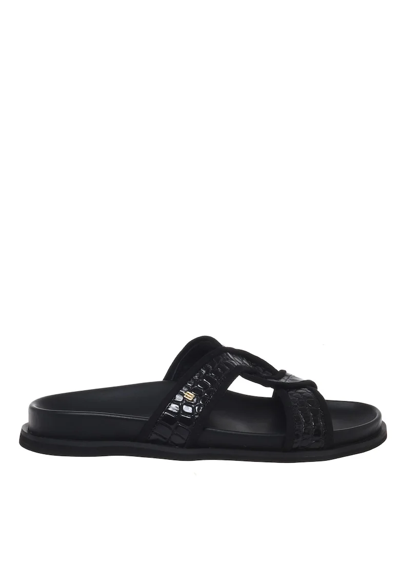 Papuci cu insertii din piele cu aspect de piele de crocodil, Negru
