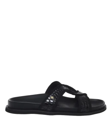 Papuci cu insertii din piele cu aspect de piele de crocodil, Negru