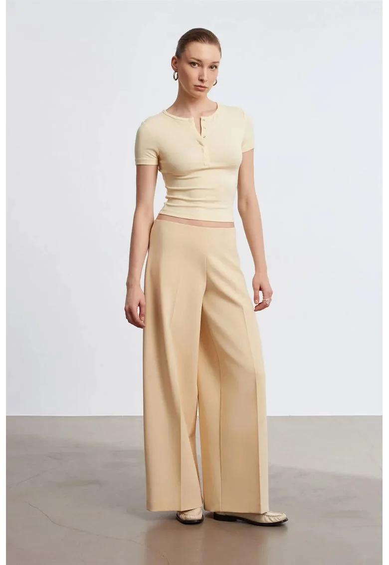 Pantaloni dama,  talie inalta, picior larg, bej natural, Bej