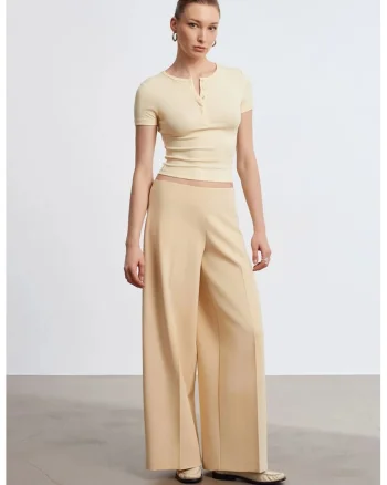 Pantaloni dama,  talie inalta, picior larg, bej natural, Bej