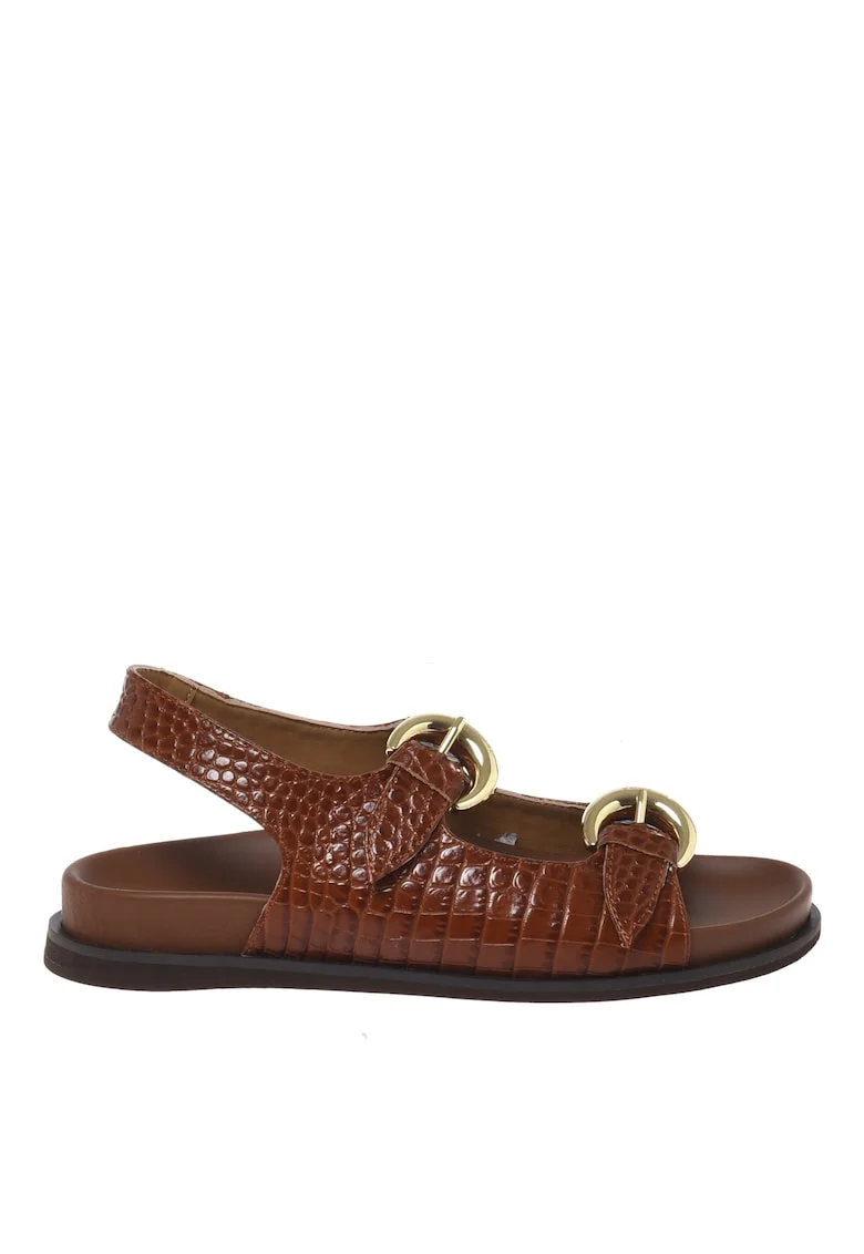 Sandale de piele cu aspect de piele de crocodil si catarame, Maro