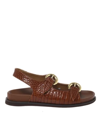 Sandale de piele cu aspect de piele de crocodil si catarame, Maro
