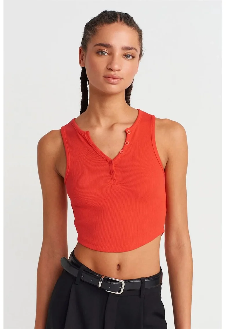 Bluza crop  slim fit, rosu, bumbac-elastan, fara maneci, cu nasturi,