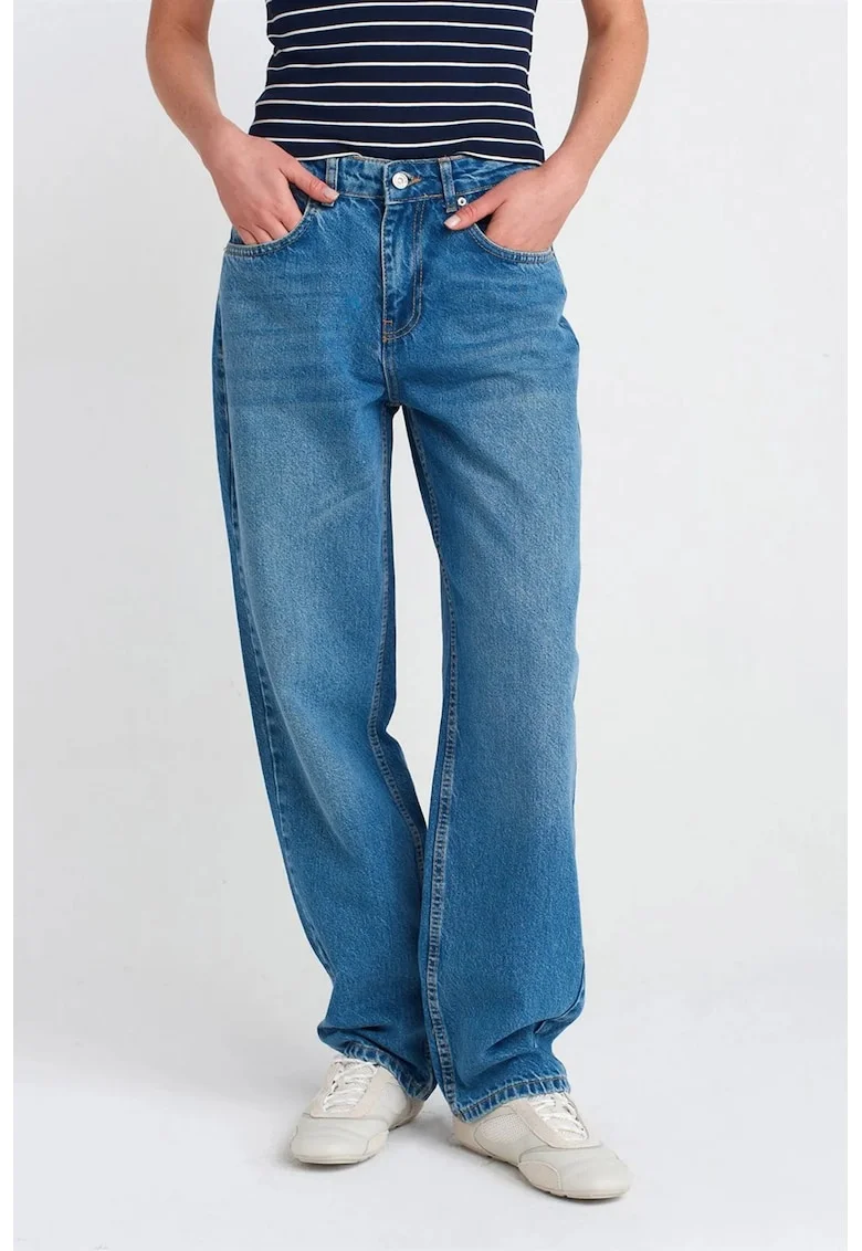 Blugi dama,  talie inalta, croiala balon, albastru mediu, Denim,