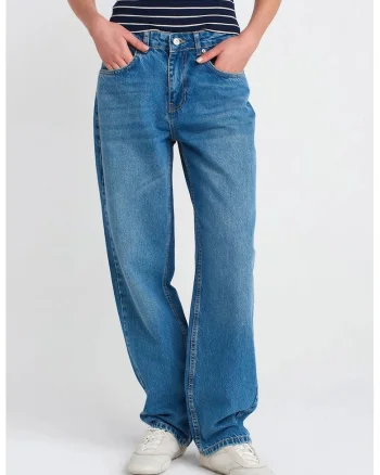 Blugi dama,  talie inalta, croiala balon, albastru mediu, Denim,
