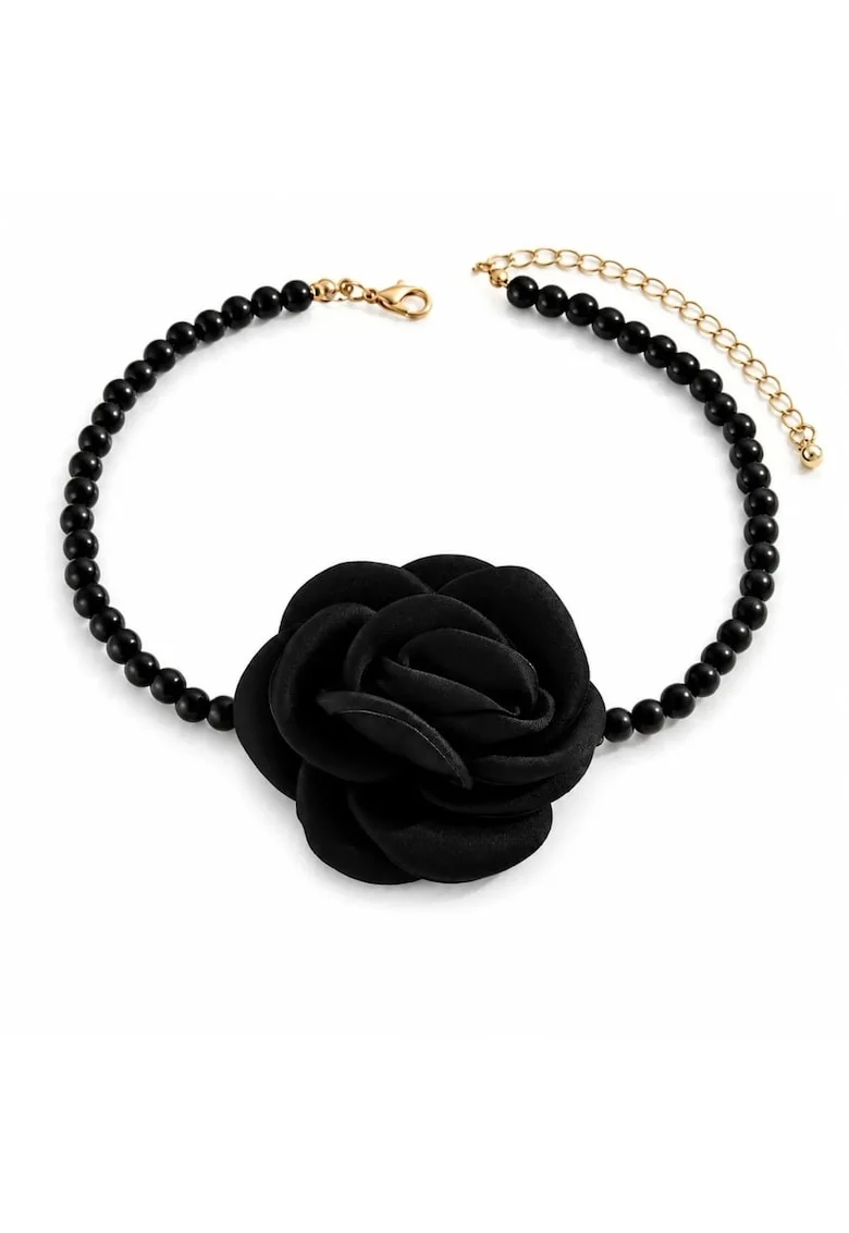 Colier choker, negru, cu perle si floare, Acacia C4