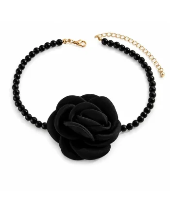 Colier choker, negru, cu perle si floare, Acacia C4