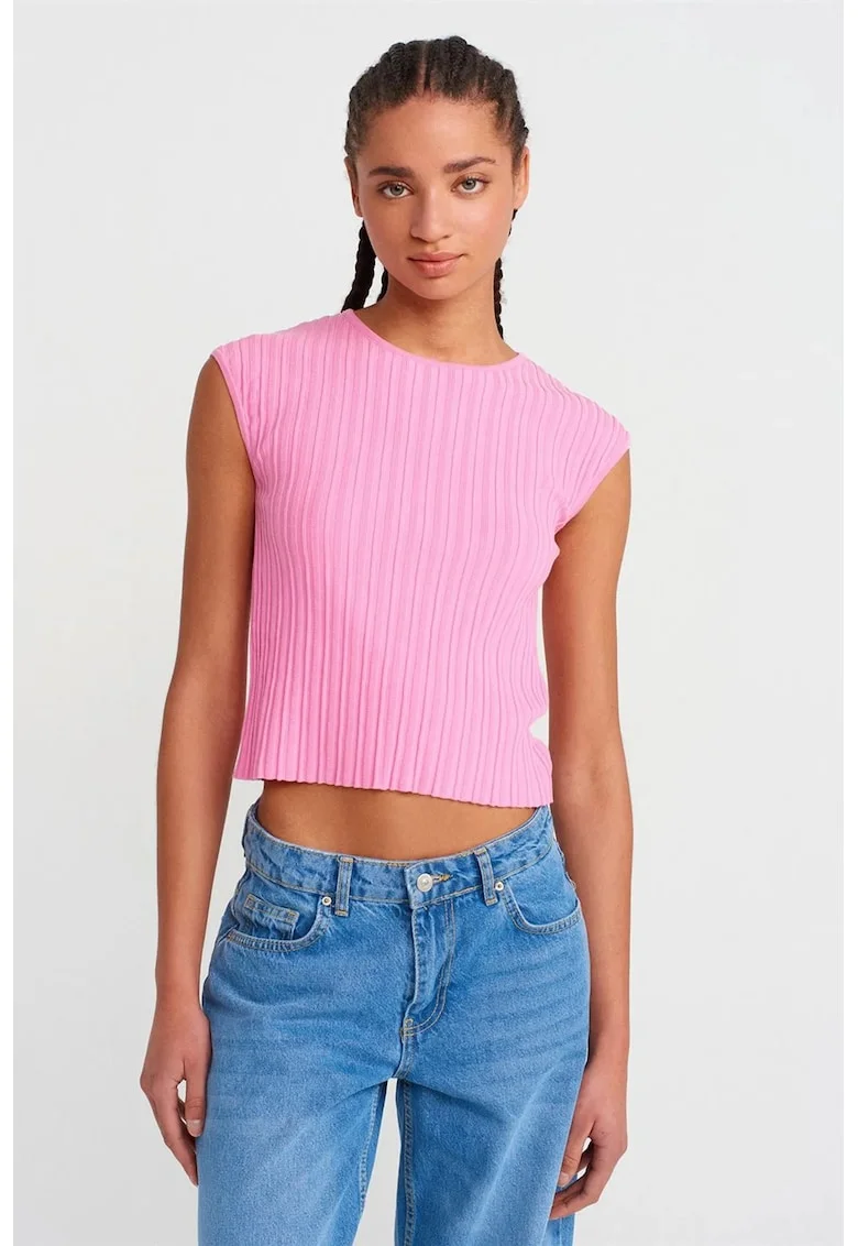Bluza dama,  crop, mulata, roz aprins, tricot viscoza-poliamida,