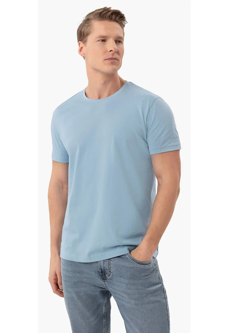 Tricou barbati din bumbac, decolteu la baza gatului, uni, Regular Fit,  T-Basic, albstru deschis, Albastru deschis