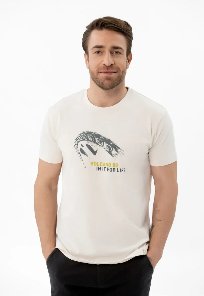 Tricou barbati din bumbac cu imprimeu grafic, maneca scurta, Regular Fit,  T-Init, crem, Crem