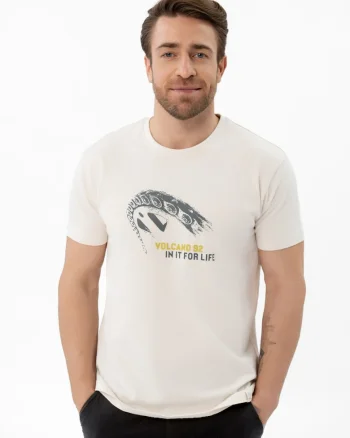 Tricou barbati din bumbac cu imprimeu grafic, maneca scurta, Regular Fit,  T-Init, crem, Crem