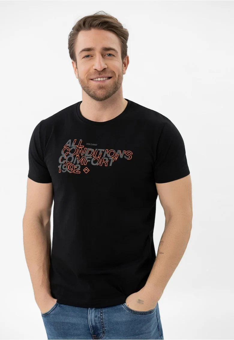 Tricou barbati din bumbac, decolteu la baza gatului, imprimeu pe piept, maneca scurta, Regular Fit,  T-Ton, negru, Negru