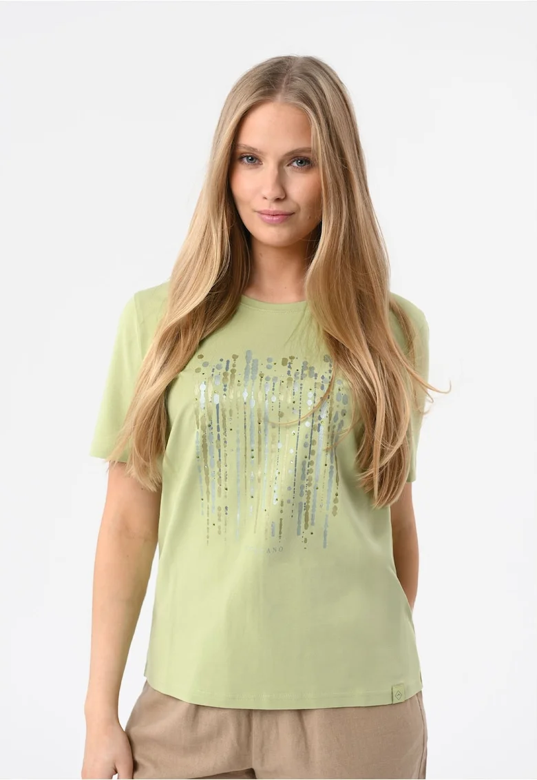 Tricou din bumbac cu model abstract, dama, strasuri, Regular Fit,  T-Sear, lime,
