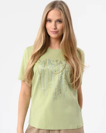 Tricou din bumbac cu model abstract, dama, strasuri, Regular Fit,  T-Sear, lime,