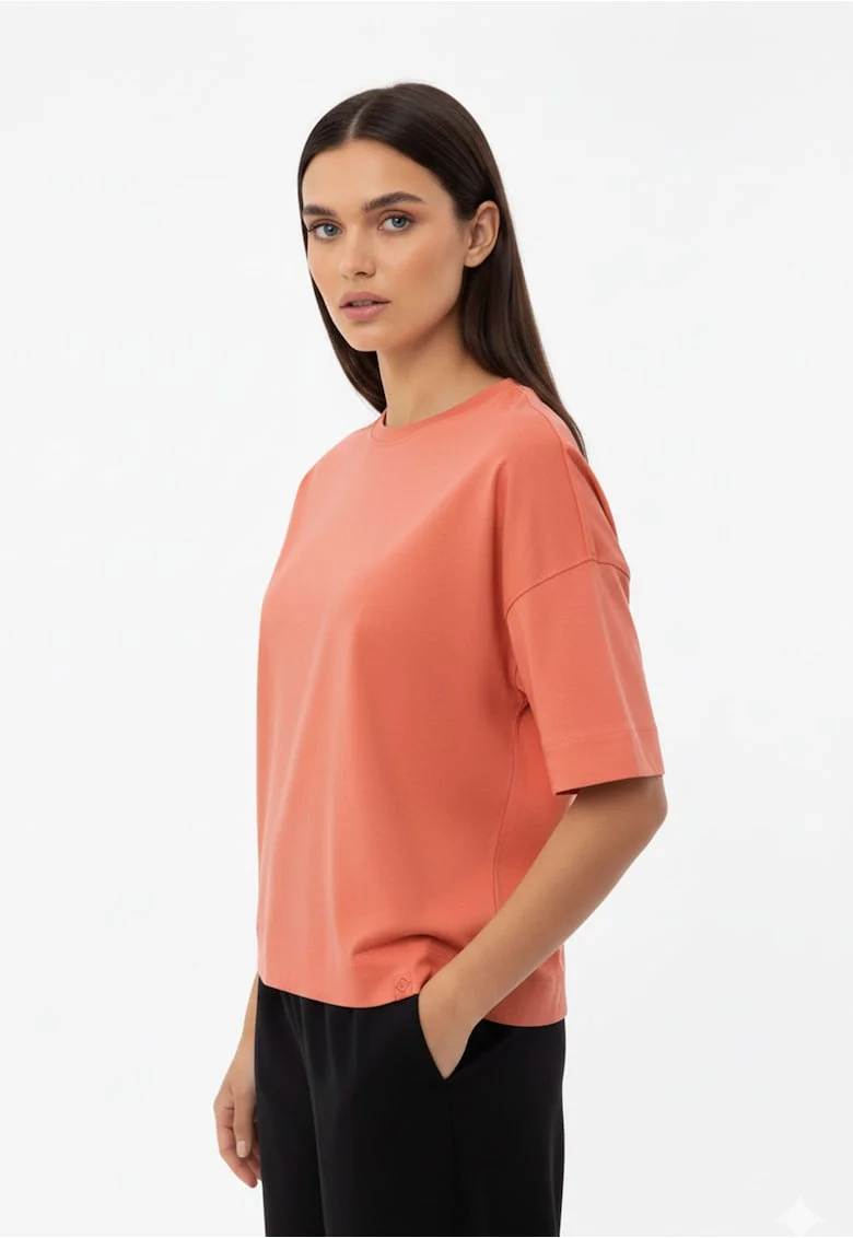 Tricou dama din bumbac cu maneci scurti, Comfort Fit, uni,  T-Flame, coral,