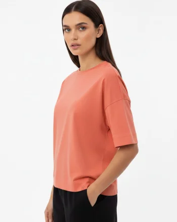 Tricou dama din bumbac cu maneci scurti, Comfort Fit, uni,  T-Flame, coral,