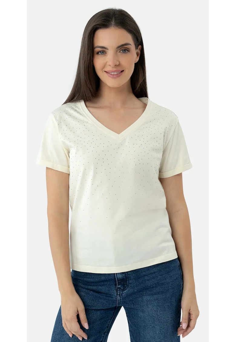 Tricou din bumbac cu strasuri, dama, Regular Fit,  T-Meli, crem,