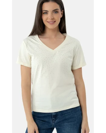 Tricou din bumbac cu strasuri, dama, Regular Fit,  T-Meli, crem,