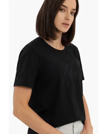 Tricou dama din bumbac cu inscriptie, Comfort Fit,  T-Ris, negru,