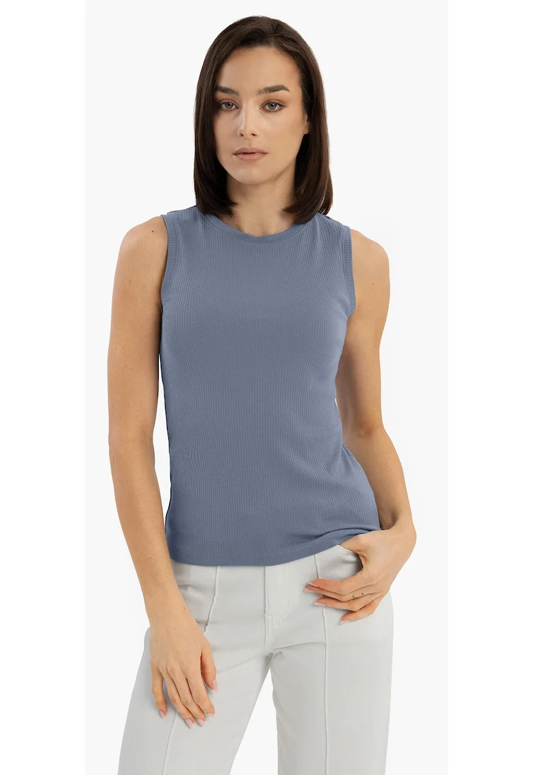 Tricou fara maneci cu nervuri, Slim Fit, dama, decolteu la baza gatului,  T-Demi, albastru, Albastru