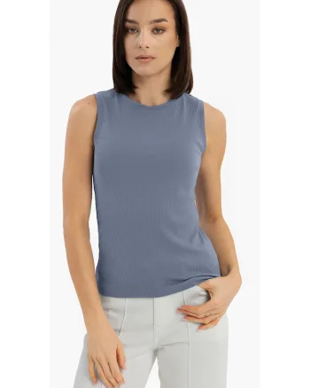 Tricou fara maneci cu nervuri, Slim Fit, dama, decolteu la baza gatului,  T-Demi, albastru, Albastru