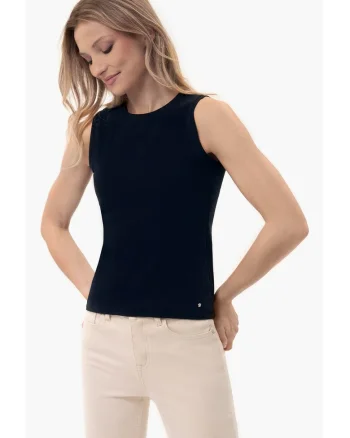 Tricou fara maneci cu nervuri, Slim Fit, dama, decolteu la baza gatului,  T-Demi, albastru marin, Bleumarin