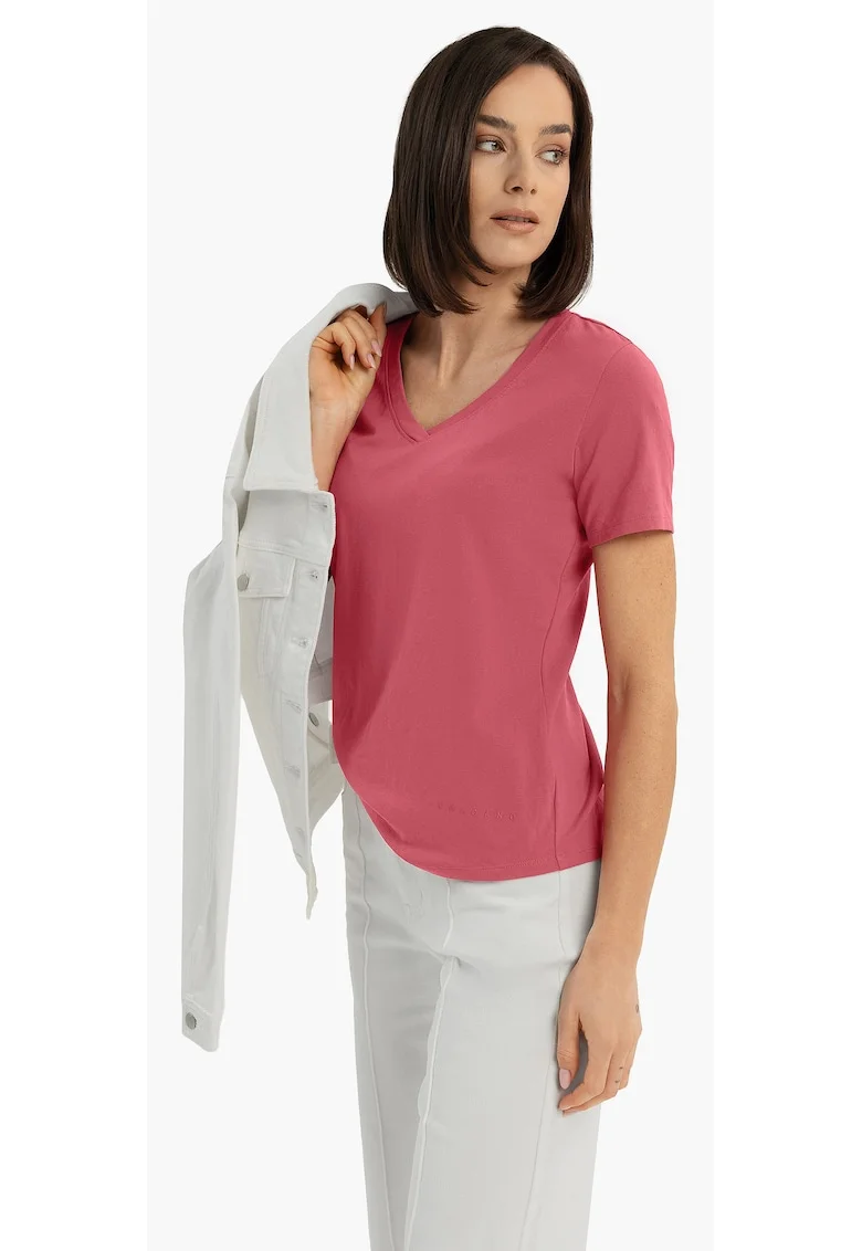 Tricou dama roz, decolteu in V, Regular Fit, Roz