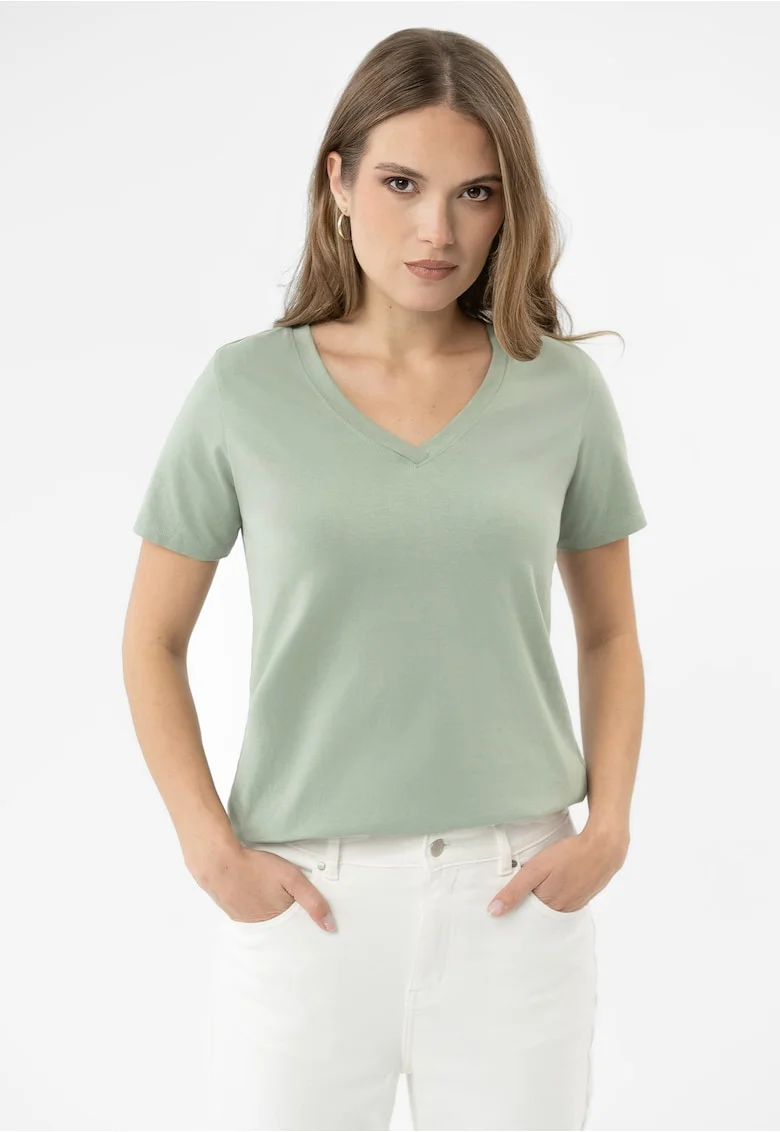 Tricou dama din bumbac, maneca scurta, decolteu in V, Ragular Fit, uni,  T-Lea, menta, Verde menta