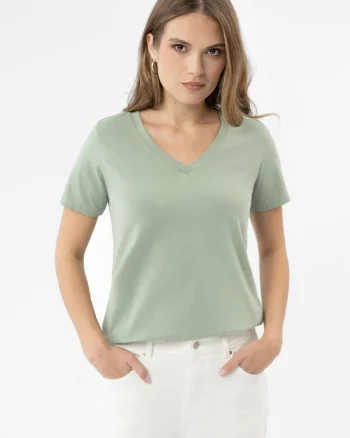 Tricou dama din bumbac, maneca scurta, decolteu in V, Ragular Fit, uni,  T-Lea, menta, Verde menta