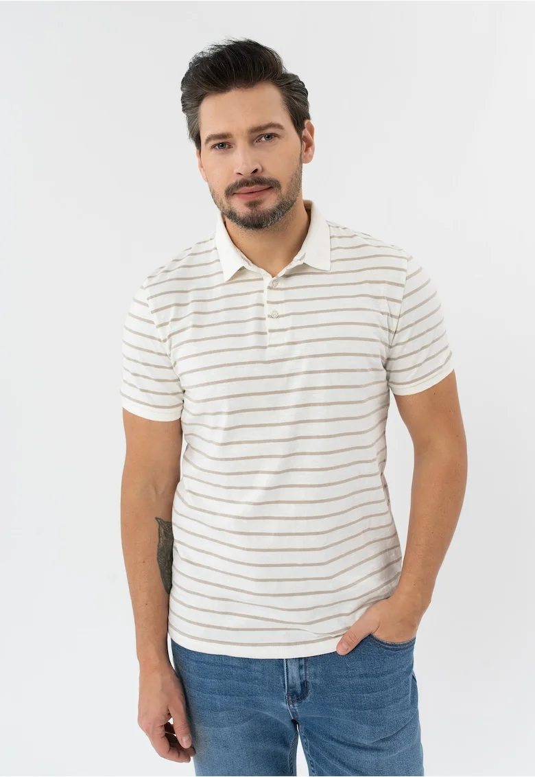 Tricou polo barbati cu dungi din bumbac, Regular Fit,  O-Lantiano, crem, Crem