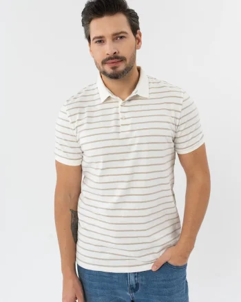 Tricou polo barbati cu dungi din bumbac, Regular Fit,  O-Lantiano, crem, Crem
