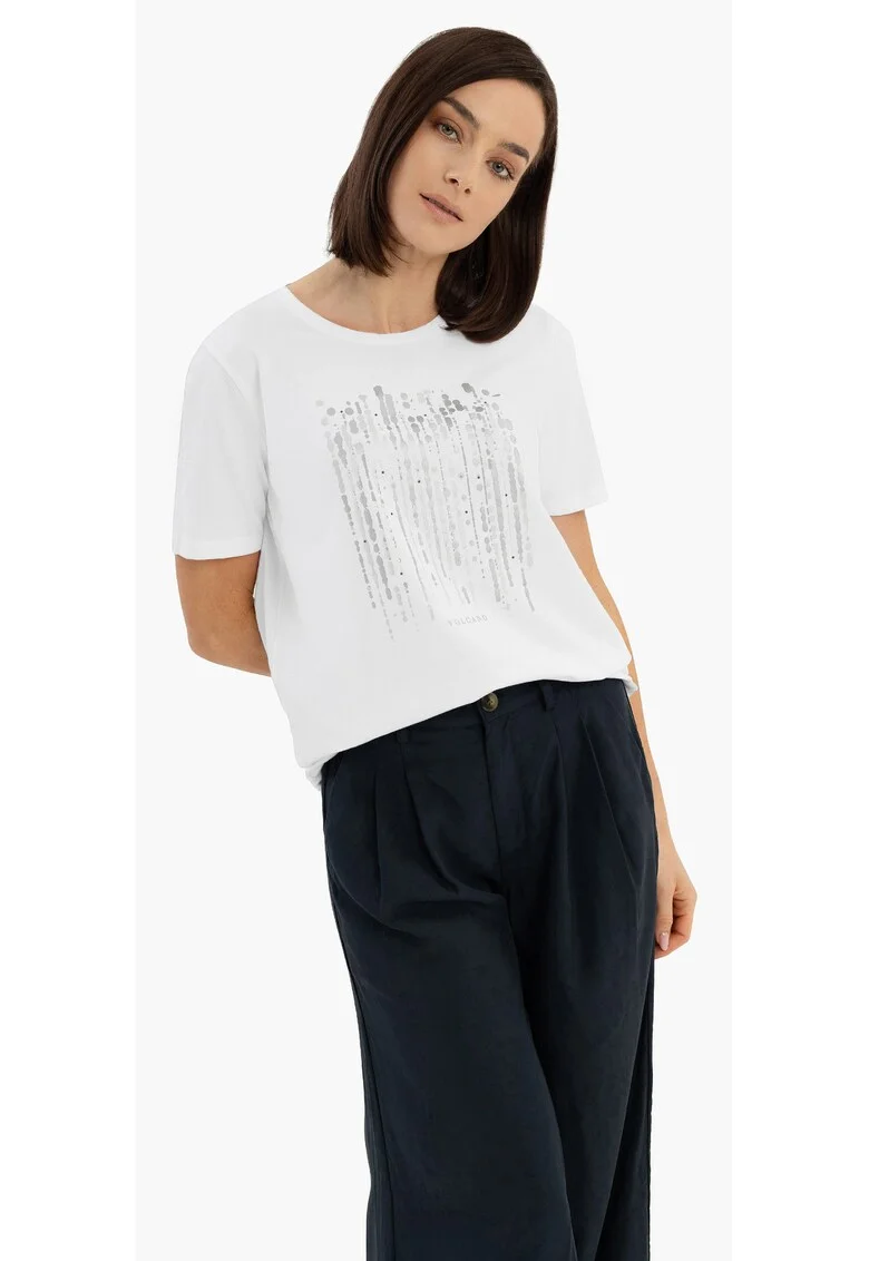 Tricou din bumbac cu model abstract, dama, strasuri, Regular Fit,  T-Sear, alb,