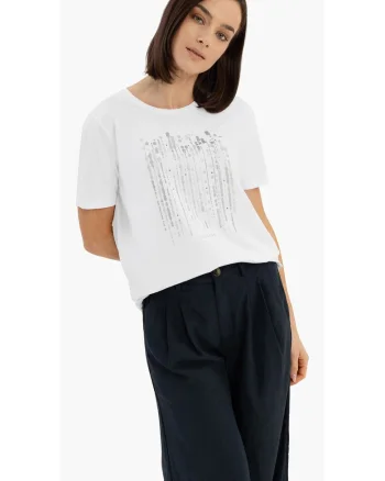 Tricou din bumbac cu model abstract, dama, strasuri, Regular Fit,  T-Sear, alb,