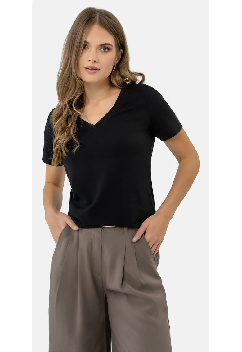 Tricou dama din bumbac, maneca scurta, decolteu in V, Ragular Fit, uni,  T-Lea, negru, Negru