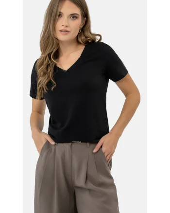 Tricou dama din bumbac, maneca scurta, decolteu in V, Ragular Fit, uni,  T-Lea, negru, Negru