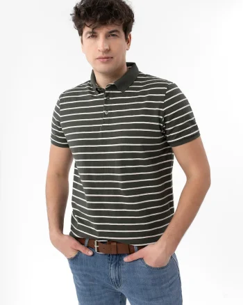 Tricou polo barbati cu dungi din bumbac, Regular Fit,  O-Lantiano, verde, Verde