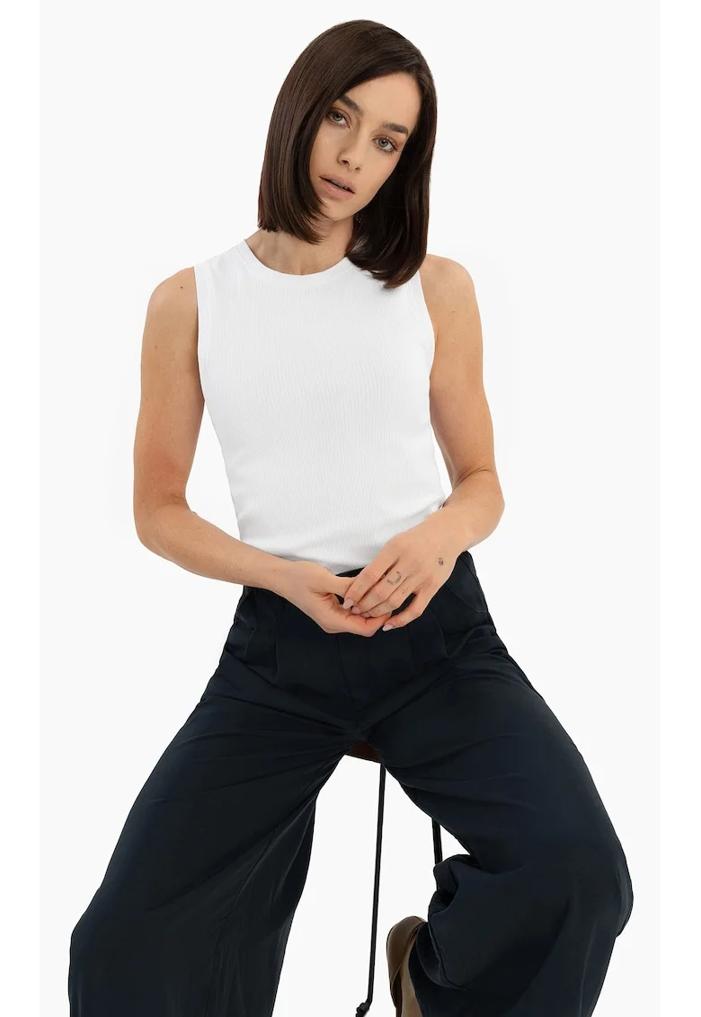 Tricou fara maneci cu nervuri, Slim Fit, dama, decolteu la baza gatului,  T-Demi, alb, Alb