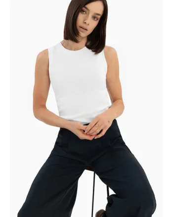 Tricou fara maneci cu nervuri, Slim Fit, dama, decolteu la baza gatului,  T-Demi, alb, Alb