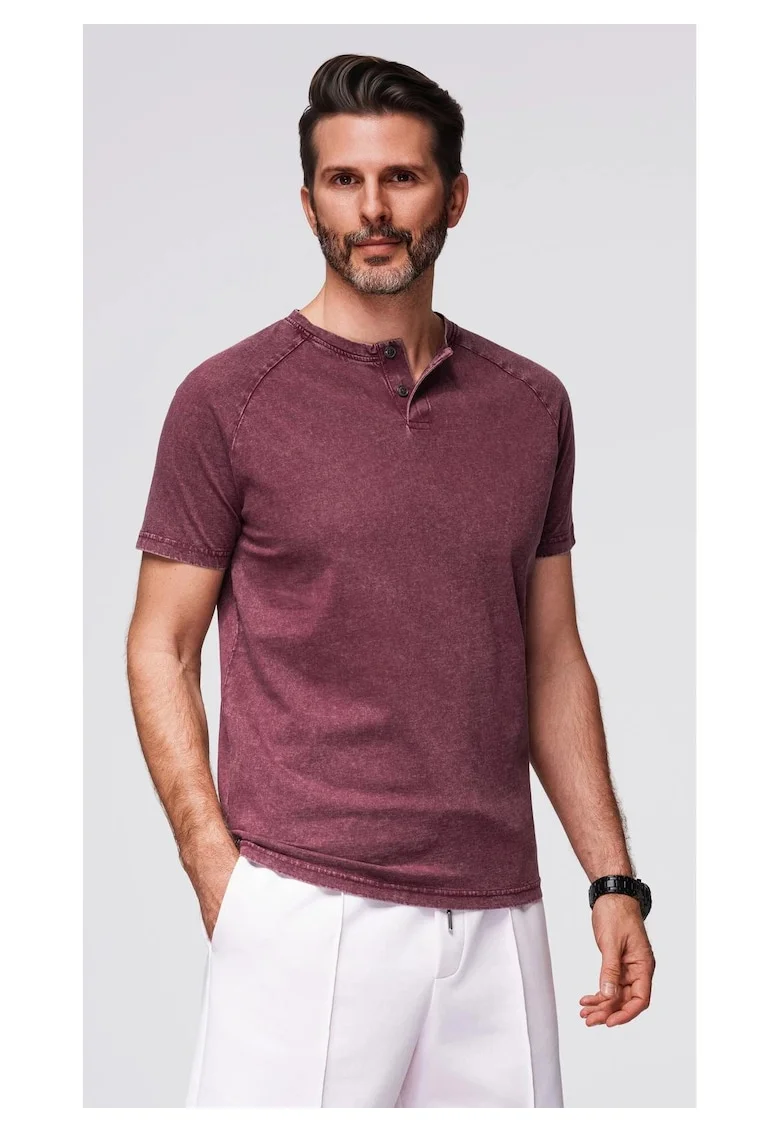 Tricou cu efect decolorat si nasturi la decolteu  OM-TSWT-0150, Visiniu