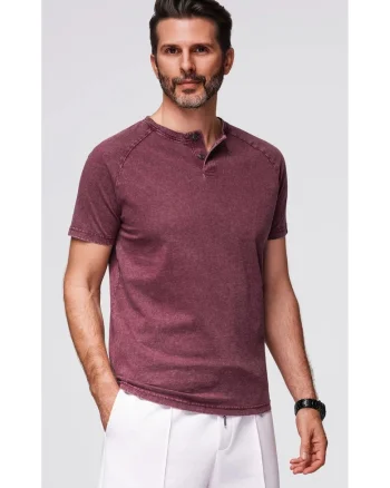 Tricou cu efect decolorat si nasturi la decolteu  OM-TSWT-0150, Visiniu
