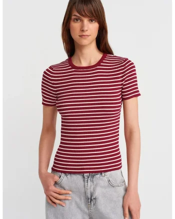 Bluza dama,  tricotata cu nervuri si dungi, visiniu, casual, maneca scurta, fara inchidere,