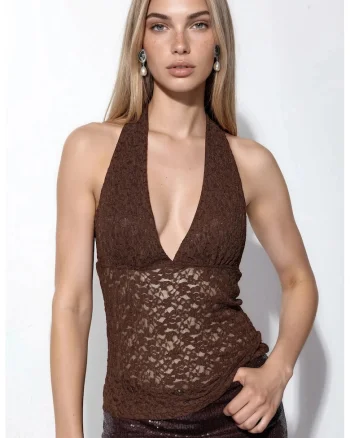 Bluza crop  cu paiete, guler tip halter, maro, poliester cu elastan