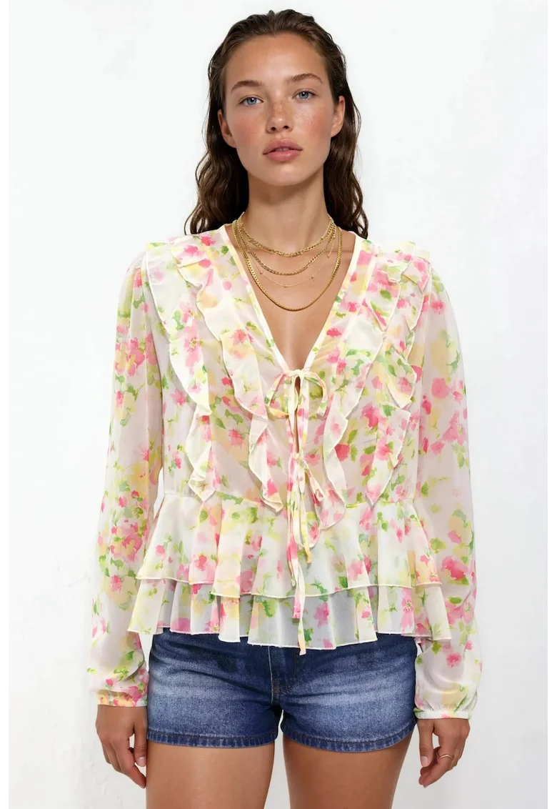 Bluza dama,  cu volane, decolteu in V, natural, tul,