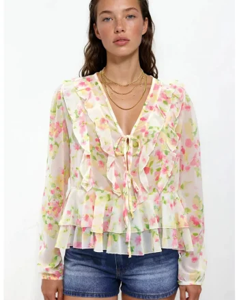 Bluza dama,  cu volane, decolteu in V, natural, tul,